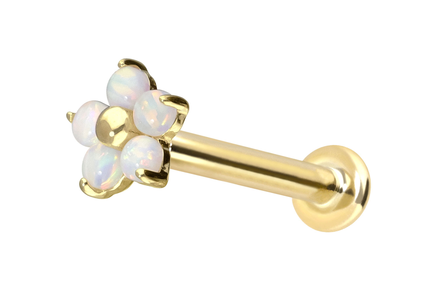 14 Karat Gold Labret Piercing mit Push Fit BLUME + 5 SYNTHETISCHE OPALE